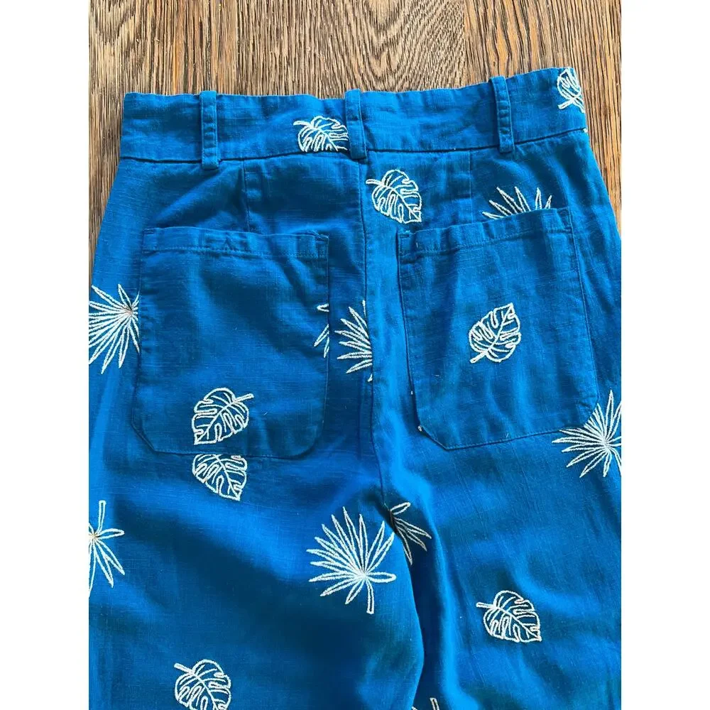 Zara Embroidered Tropical Wide Leg Pants Women's XS Blue